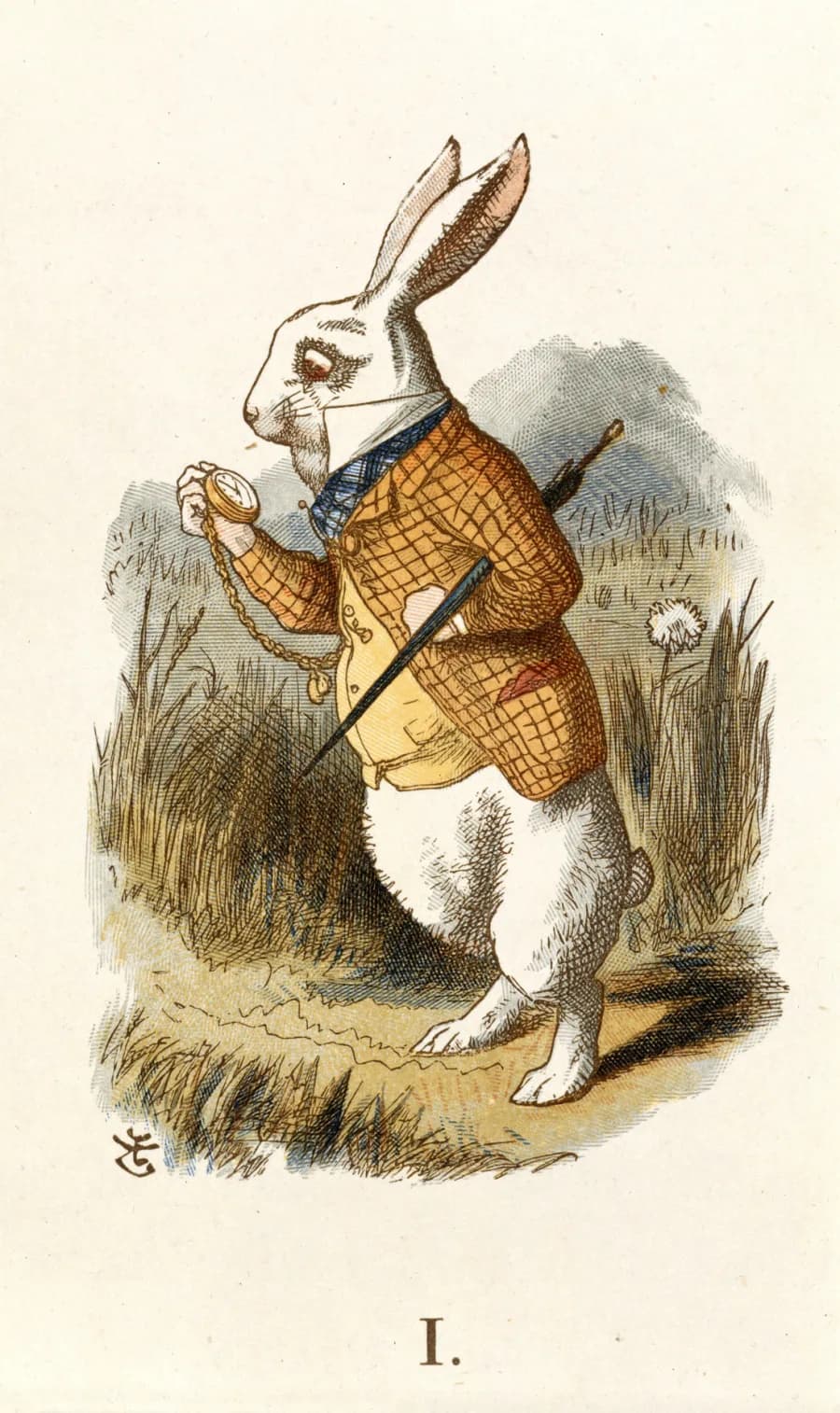Ceketli, yeleğini iliklemiş beyaz tavşan çimenlerin arasında cep saatine bakıyor; John Tenniel’in renklendirilmiş çizimi.
